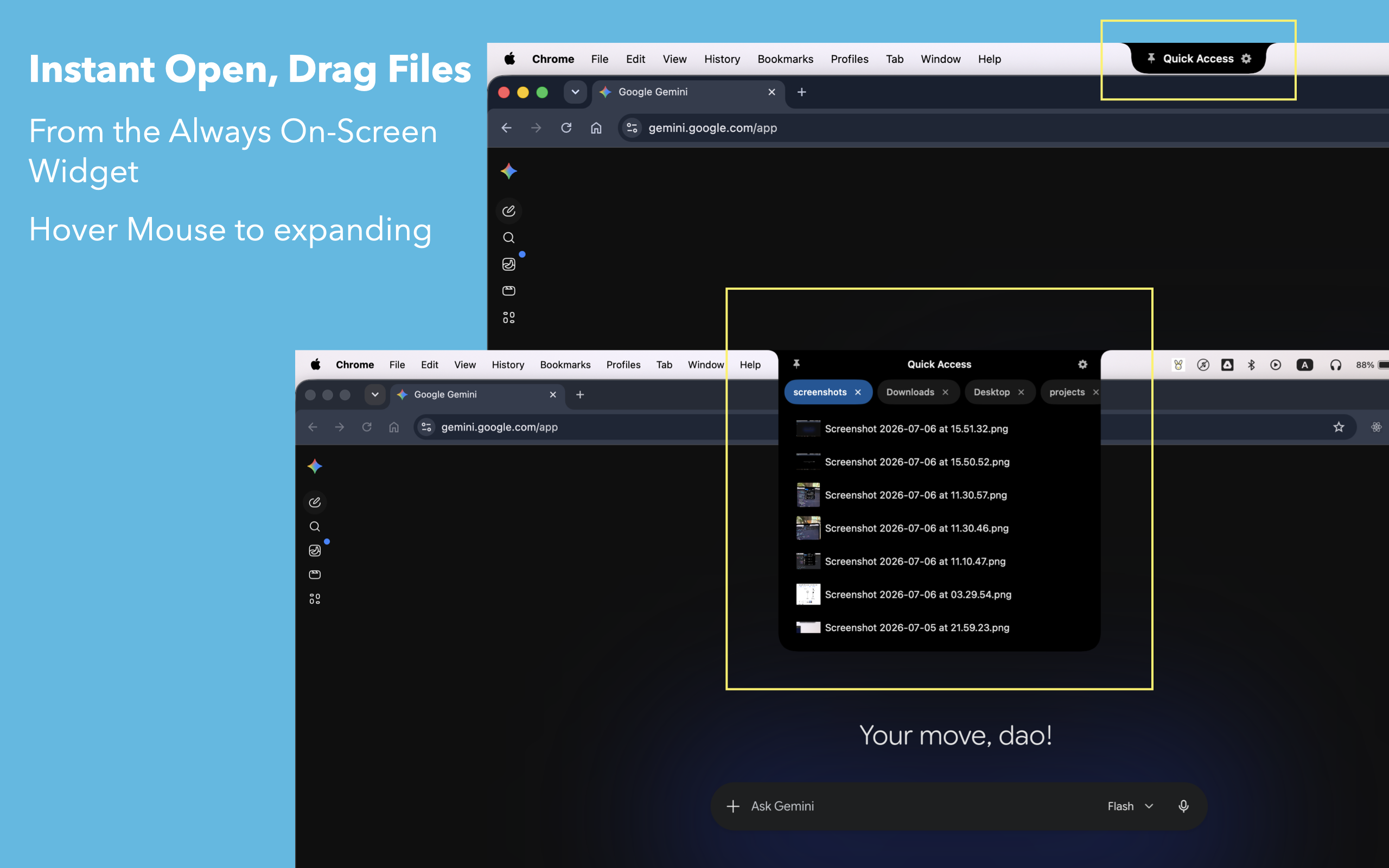 Minz macOS Notch File Browser showing quick shelf list of files and screenshots